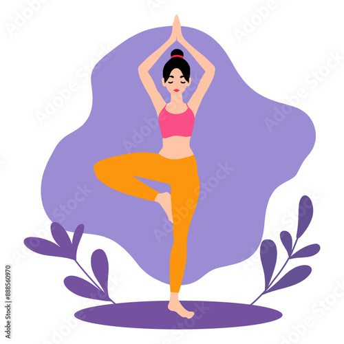 Woman stands in the Vrksasan or Tree pose with nature. Flat vector illustration isolated on white background.
