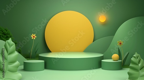 Playful 3D podiums in green landscape with abstract plants and flowers