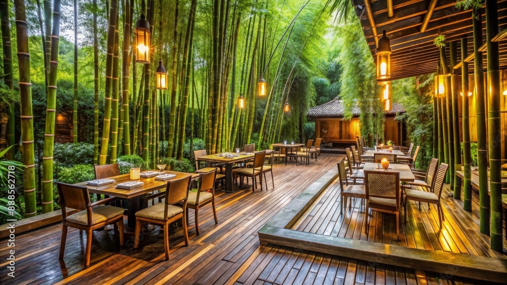 Fototapeta premium Lush bamboo forest surrounding a serene outdoor restaurant with traditional decor, Bamboo, Forest, Restaurant, Outdoor, Serene