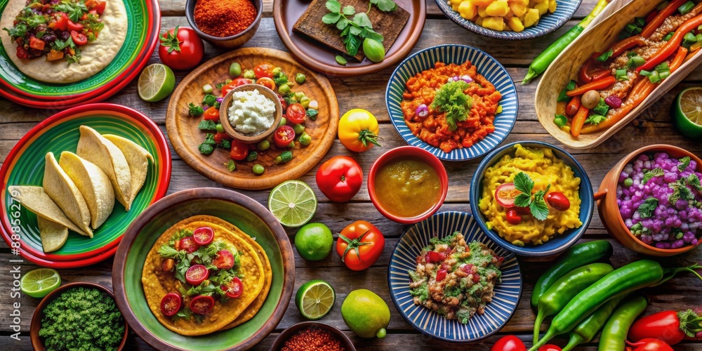 Fototapeta premium Traditional Mexican food dishes with colorful ingredients and vibrant table settings, mexican, food, cuisine