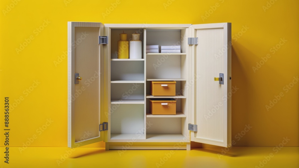 Open doors of compact storage container reveal empty interior against bright yellow background, perfect for holding small, personal items. Open doors of compact storage container reveal empty interior against bright yellow background, perfect for holding small, personal items.