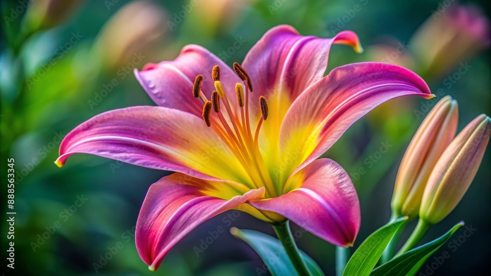 Close up of a beautiful pink and yellow lily , pink, yellow, lily, flower, blooming, vibrant, colorful, petal, flora, natural Close up of a beautiful pink and yellow lily , pink, yellow, lily, flower, blooming, vibrant, colorful, petal, flora, natural