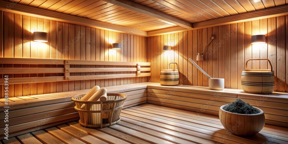 Cozy Finnish sauna with traditional sauna accessories, sauna, Finland, relaxation, wooden, steam, wellness, heat, cozy Cozy Finnish sauna with traditional sauna accessories, sauna, Finland, relaxation, wooden, steam, wellness, heat, cozy