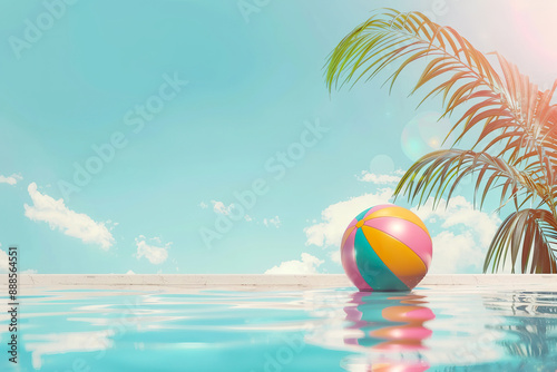 A colorful beach ball is floating in a pool of water.