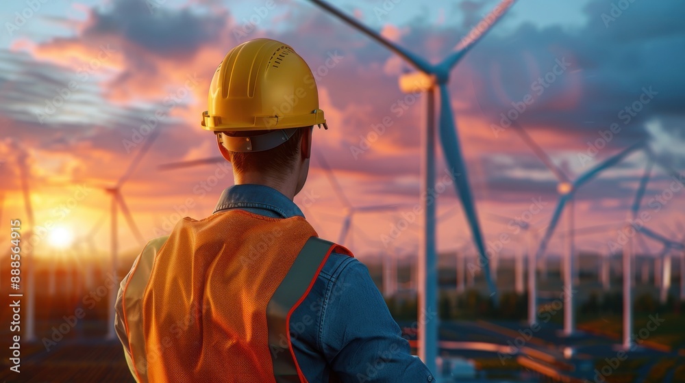 Engineer in safety gear observing wind turbines at sunset, focusing on sustainable energy development in a wind farm. Engineer in safety gear observing wind turbines at sunset, focusing on sustainable energy development in a wind farm.