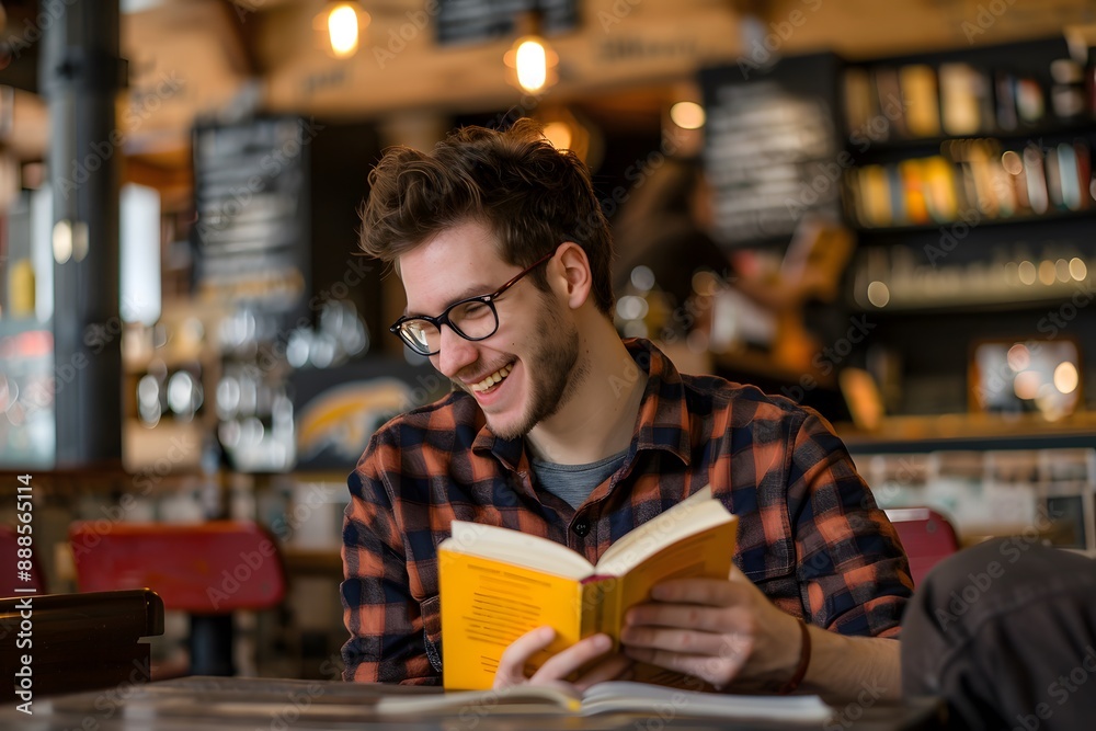 Young man enjoying a good book at a cozy coffee shop with a warm ambiance and soft lighting. Young man enjoying a good book at a cozy coffee shop with a warm ambiance and soft lighting.