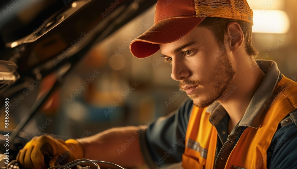 Focused auto mechanic in uniform working on a car engine in a workshop, illuminated by warm lighting. Focused auto mechanic in uniform working on a car engine in a workshop, illuminated by warm lighting.