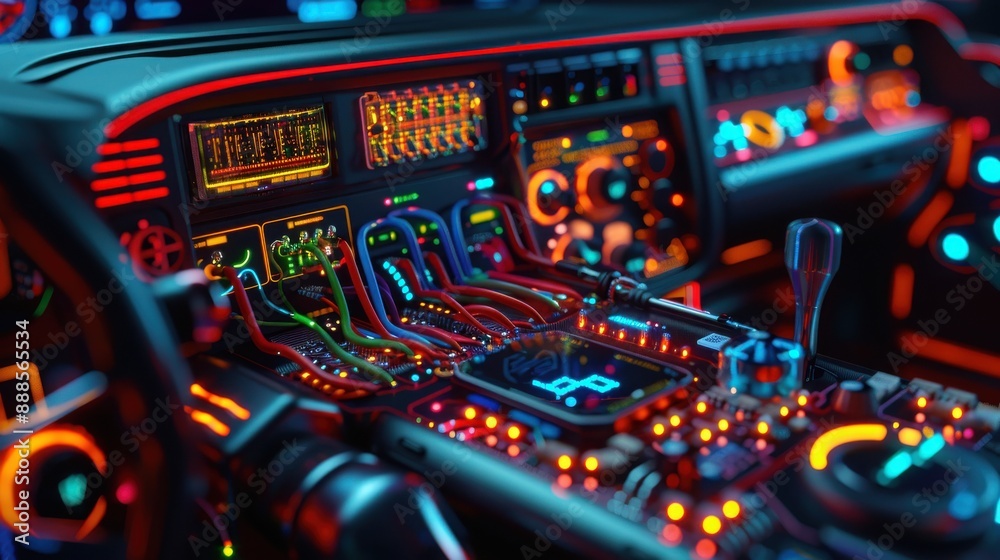Futuristic car dashboard with vibrant neon lights and advanced controls, showcasing modern technology and a sci-fi aesthetic. Futuristic car dashboard with vibrant neon lights and advanced controls, showcasing modern technology and a sci-fi aesthetic.