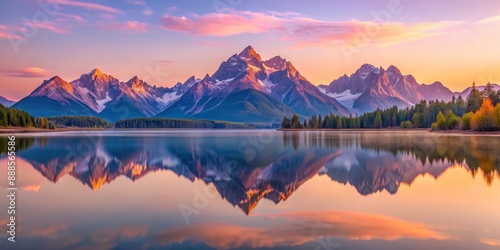 Pastel colored mountain range reflecting in still water under a setting sun , Mountain, pastel, colors, reflection, water