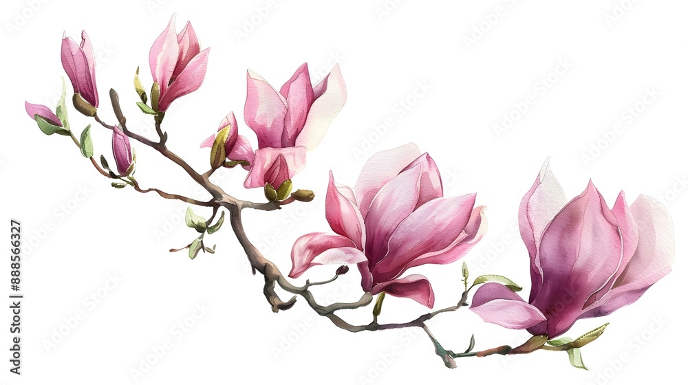 Watercolor painting of blooming magnolia tree branches in spring Watercolor painting of blooming magnolia tree branches in spring
