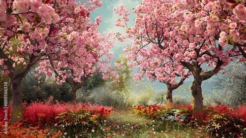 Pink and red blossoms in the spring garden