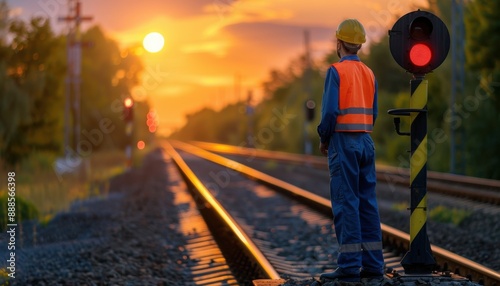 Railway worker on tracks at sunset, wearing safety gear and helmet, standing by a signal post, overseeing railway operations.