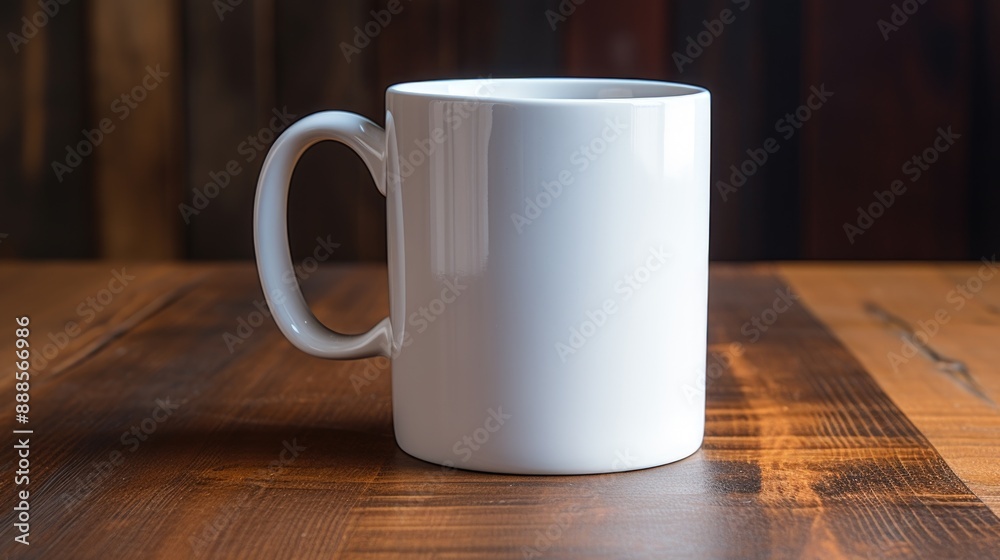 Minimalist White Coffee Mug Mockup on Wooden Table for Design Presentation Minimalist White Coffee Mug Mockup on Wooden Table for Design Presentation