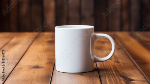 Minimalist White Coffee Mug Mockup on Wooden Table for Design Presentation