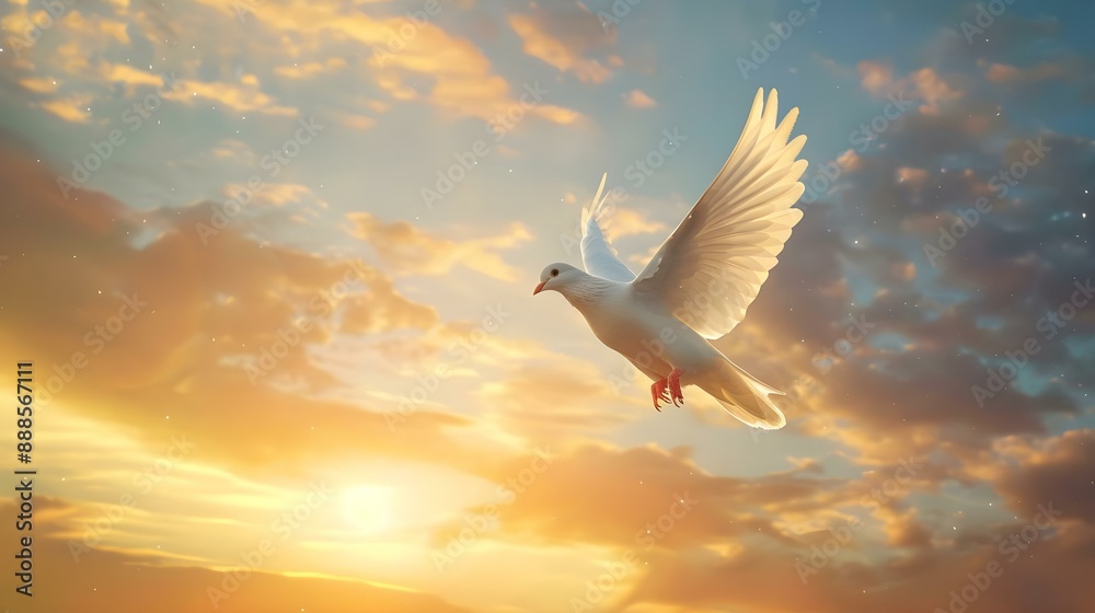 Obraz premium One white dove flying with wings spread against sunset sky