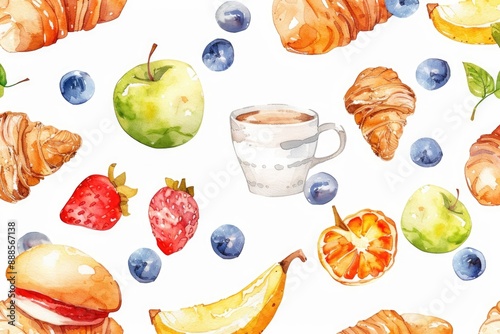 watercolor pattern with various breakfast foods, including fruits, pastries, and coffee, on a white background.