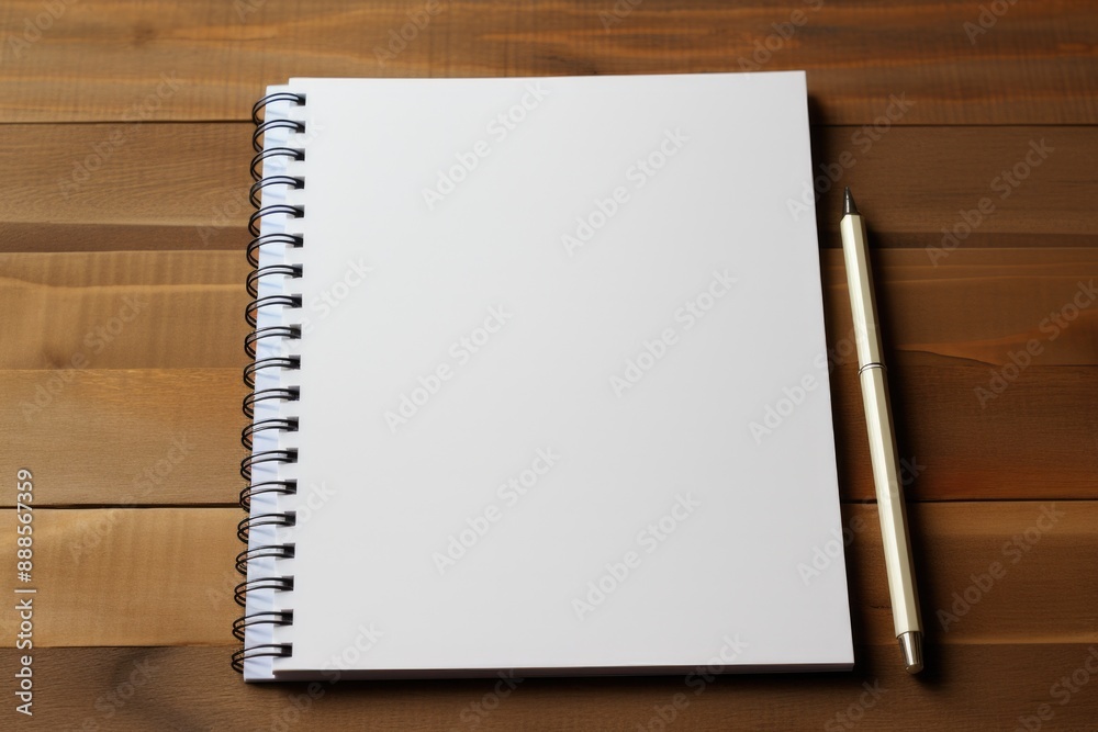 Clean Workspace Concept - Blank Notebook and Pen Mockup on Desk for Creative Ideas and Writing Inspirations