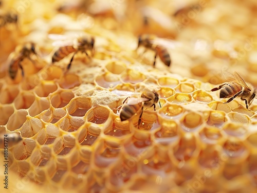 Close-up of Bees Working on Honeycomb, Showcasing Intricate Patterns and Textures. Detailed Capture of Colors and Shapes within Each Cell, Emphasizing Natural Beauty with Clear Lighting to Highlight