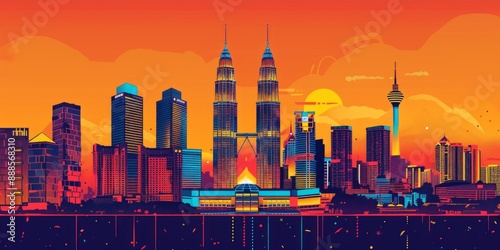 illustrated skyline kuala lumpur featuring iconic