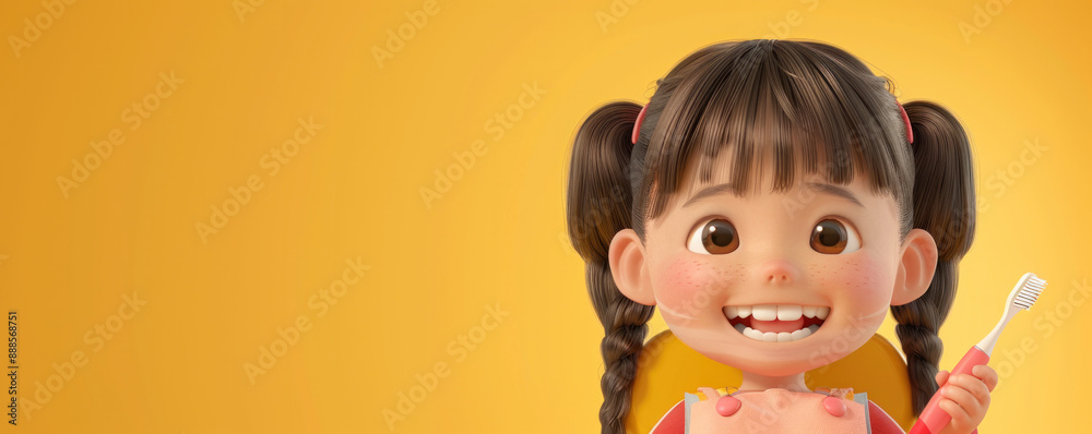 A cartoon girl is smiling and holding a toothbrush. The image is meant to promote good dental hygiene A cartoon girl is smiling and holding a toothbrush. The image is meant to promote good dental hygiene