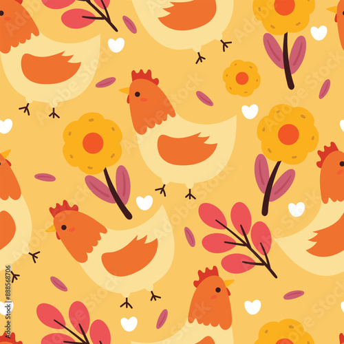 seamless pattern cartoon chicken and flower. cute wallpaper for textile, gift wrap paper