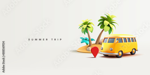 Island, palm trees, minibus, navigation icon, 3D. Concept of summer travel, road adventure, rest, weekend. Vector