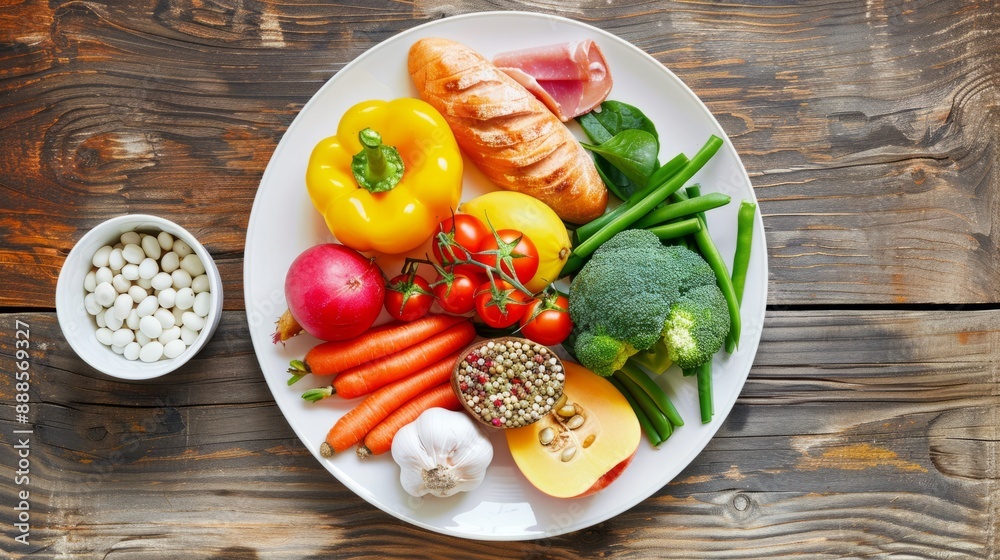 shows a balanced plate with vegetables, proteins and healthy fats. generative ai shows a balanced plate with vegetables, proteins and healthy fats. generative ai