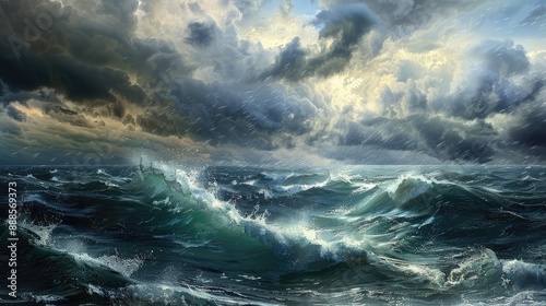 A dramatic seascape with stormy skies and rough seas