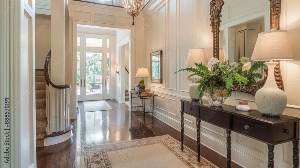 A traditional entryway with a dark wood console, classic decor, and a large mirror, creating a timeless and elegant entrance. A traditional entryway with a dark wood console, classic decor, and a large mirror, creating a timeless and elegant entrance.