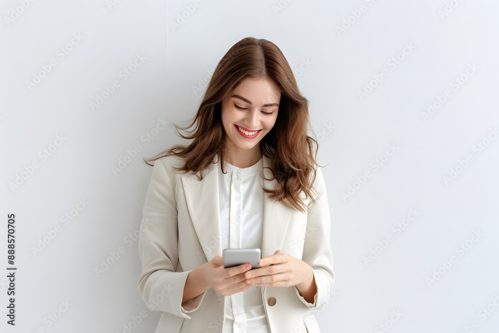 Young professional woman smiling while using smartphone against a white background Young professional woman smiling while using smartphone against a white background
