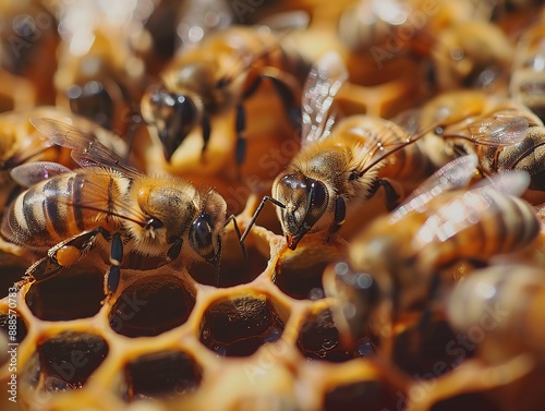 Close-up of Bees Working on Honeycomb, Showcasing Intricate Patterns and Textures. Detailed Capture of Colors and Shapes within Each Cell, Emphasizing Natural Beauty with Clear Lighting to Highlight