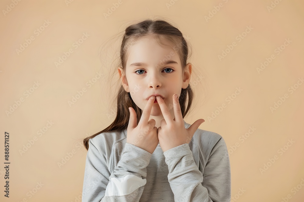 Young girl making a whistling gesture with fingers in front of mouth against a beige background. Young girl making a whistling gesture with fingers in front of mouth against a beige background.