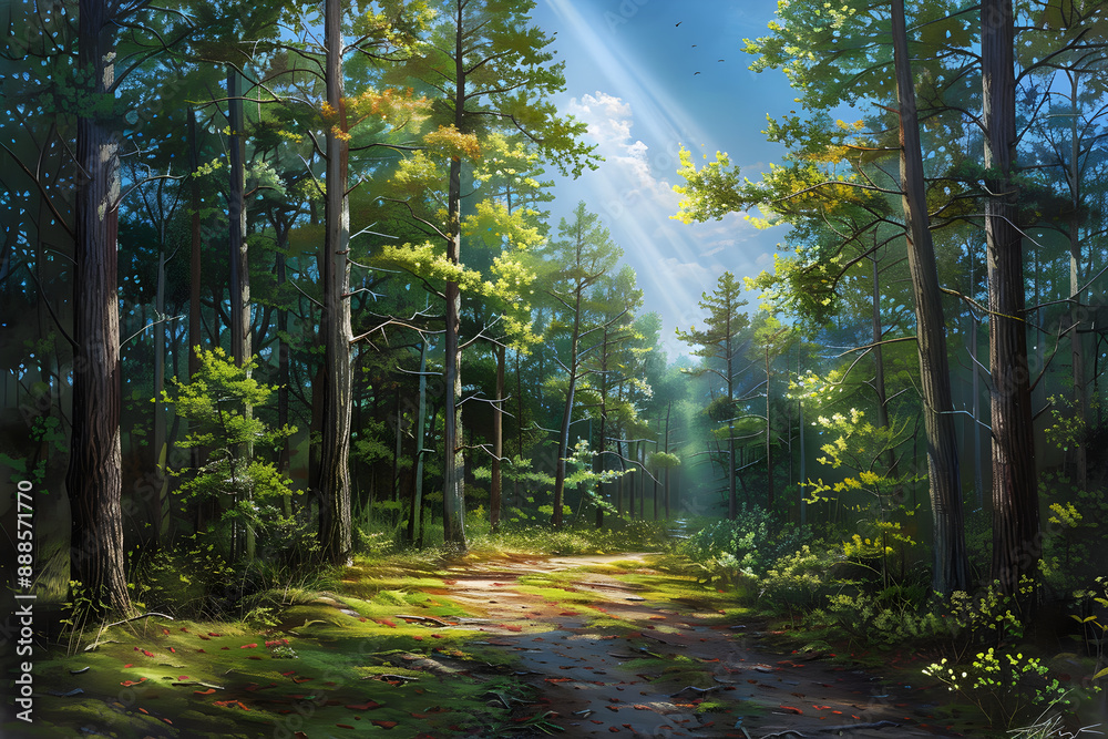 Obraz premium Serene Forest Pathway: A Tranquil Walk through Sunlit Pine Trees and Verdant Greenery