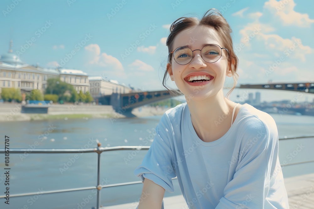Young woman smiling joyfully on a riverside walk with a cityscape backdrop on a sunny day. Young woman smiling joyfully on a riverside walk with a cityscape backdrop on a sunny day.