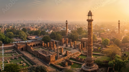 Depict the Qutub Minar complex in Delhi, with its towering minaret and ancient ruins, viewed from an aerial perspective against the city skyline. photo