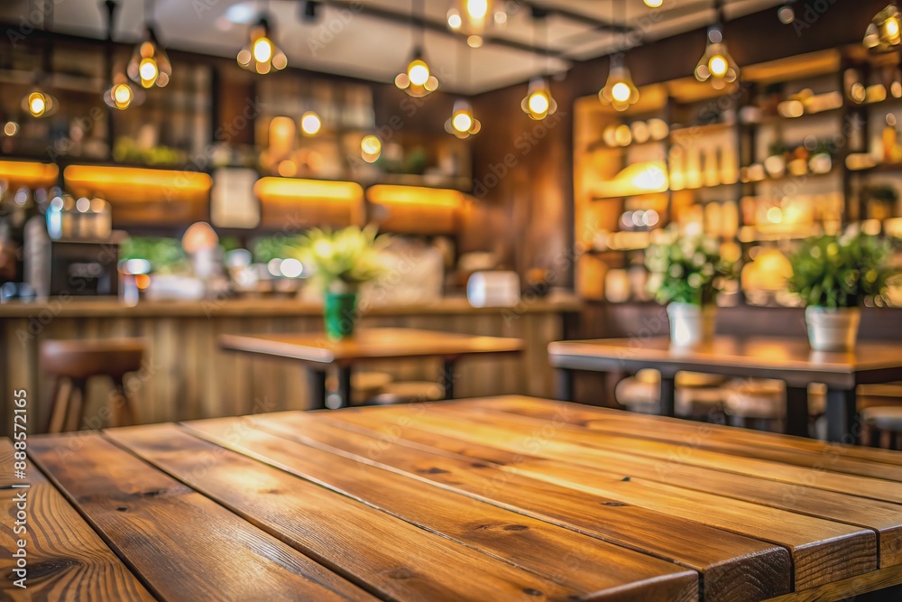 Warm and inviting wood table on blurred backdrop of a cozy cafe, coffee shop, or bar, perfect for showcasing products, food, or drinks in a natural setting. Warm and inviting wood table on blurred backdrop of a cozy cafe, coffee shop, or bar, perfect for showcasing products, food, or drinks in a natural setting.