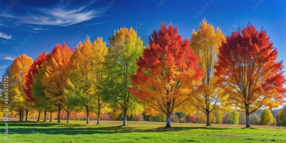 Vibrant row of diverse trees, including birch, oak, and maple, stand tall with unique shapes and autumnal hues against a clear blue sky.