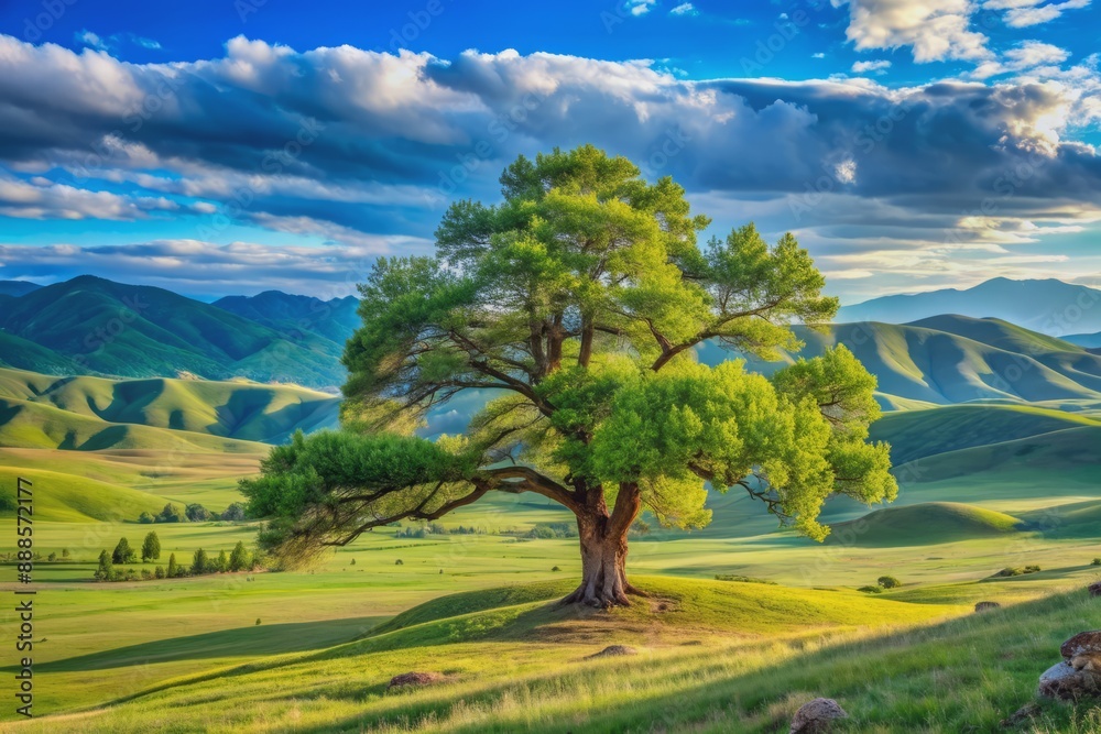 Fototapeta premium Majestic tree stands tall amidst serene blue grass landscape, surrounded by rolling hills and distant mountains, in Terelj National Park Mongolia.