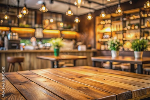 Warm and inviting wood table on blurred backdrop of a cozy cafe, coffee shop, or bar, perfect for showcasing products, food, or drinks in a natural setting.