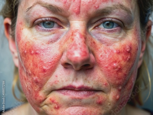 Close-up of a damaged facial skin with severe red and reddish rash, indicating allergic reaction or lupus symptoms, requiring medical attention and treatment. photo