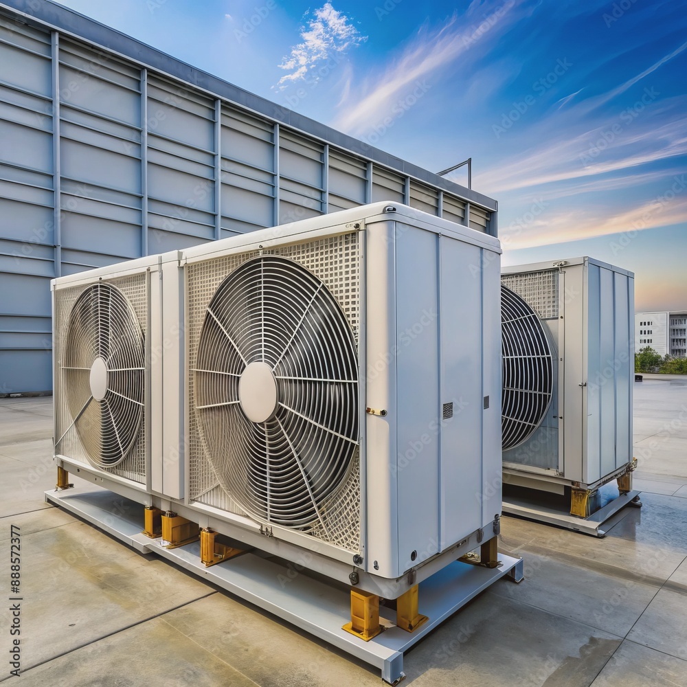Condenser unit or compressor outside factory plant. Unit of ac air conditioner, heating ventilation or hvac air conditioning system. Condenser unit or compressor outside factory plant. Unit of ac air conditioner, heating ventilation or hvac air conditioning system.