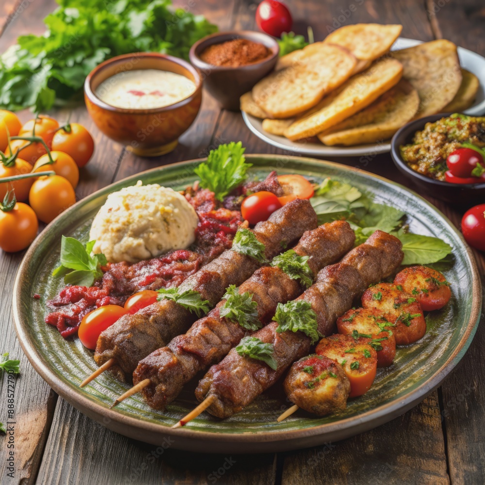 Arabic grilled arabic food dishes kebab, dolma, mansaf, shawarma Turkish and Arabic Traditional Ramadan Mix Vali Kebab Plate inside Adana, Urfa, Chicken, Lamb, Liver and Beef on bread on table Arabic grilled arabic food dishes kebab, dolma, mansaf, shawarma Turkish and Arabic Traditional Ramadan Mix Vali Kebab Plate inside Adana, Urfa, Chicken, Lamb, Liver and Beef on bread on table