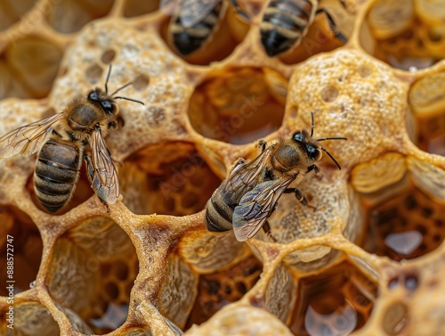 Close-up of Bees Working on Honeycomb, Showcasing Intricate Patterns and Textures. Detailed Capture of Colors and Shapes within Each Cell, Emphasizing Natural Beauty with Clear Lighting to Highlight