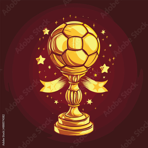 A golden soccer trophy with stars and a ribbon.  A symbol of victory, achievement, and sportsmanship in soccer.