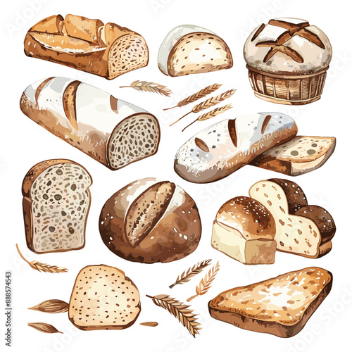 Watercolor illustration of different kinds of breads, including loaves, slices, and wheat stalks.
