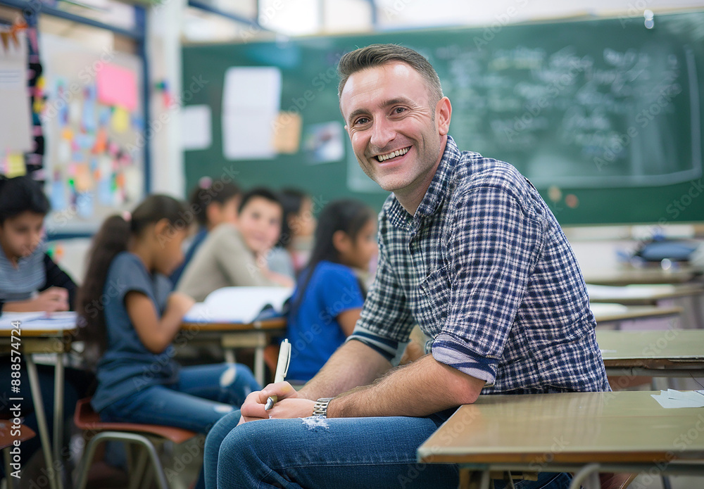 Smiling male teacher with students learning at in school Smiling male teacher with students learning at in school