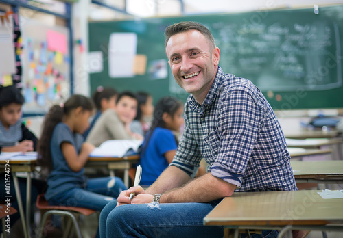 Smiling male teacher with students learning at in school