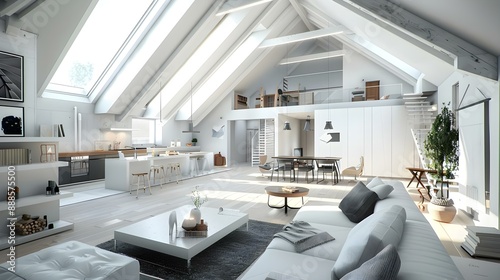 Interior view of modern luxury attic loft apartment