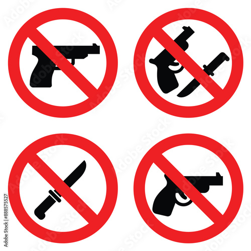 No gun, no knive, Sharp Weapons and Firearms not Allowed sign, prohibition of carrying weapons or  illegal object in a designated area set