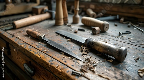 Carpenter working with a gouge on a workbench